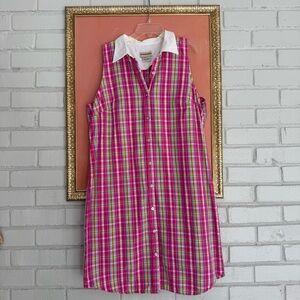 Vintage 90s Expressions pink plaid cotton sleeveless collared button up dress 💖